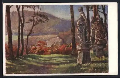 Künstler-AK E.F. Hofecker: Hermannskogel, Ortspartie mit Statuen