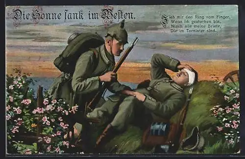 AK Spruch: Die Sonne sank im Westen, Soldat in Uniform versorgt einen verwundeten Kameraden, Rotes Kreuz
