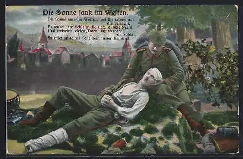 AK Die Sonne sank im Westen, Es kniet an seiner Seite sein treuer Kamerad, Rotes Kreuz