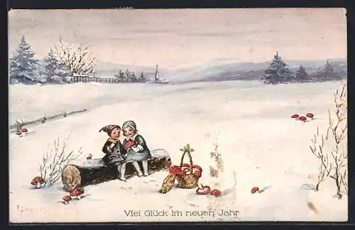 Künstler-AK Elly Frank: Zwei Kinder mit Fliegenpilzen auf Baumstamm, Neujahrsgruss