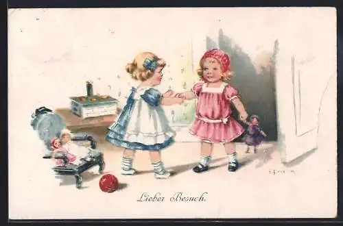 Künstler-AK Elly Frank: Kleines Mädchen bekommt Besuch