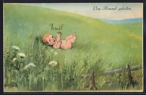 Künstler-AK Elly Frank: Nacktes Baby auf einer Wiese