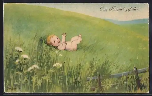 Künstler-AK Elly Frank: Nacktes Baby auf einer Wiese