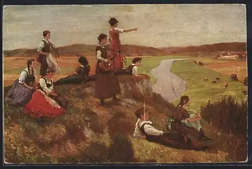 Künstler-AK Robert Kämmerer: Wandervögel mit Gitarre auf einem Hügel