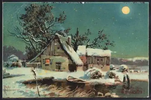 Künstler-AK Robert Kämmerer: Haus in winterlicher Landschaft bei Mondschein, Weihnachtsgruss