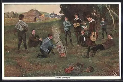 Künstler-AK Robert Kämmerer: Musiker am Waldesrand beim Abkochen