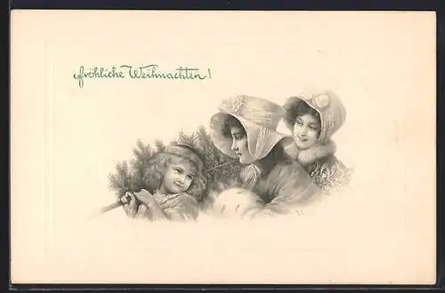 Künstler-AK Wichera: Zwei Frauen und Mädchen mit Tannenbaum, Weihnachtsgruss