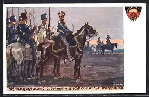 Künstler-AK Karl Alex Wilke: Soldaten stehen mit Pferden auf dem Schlachtfeld, Deutscher Schulverein Nr. 512