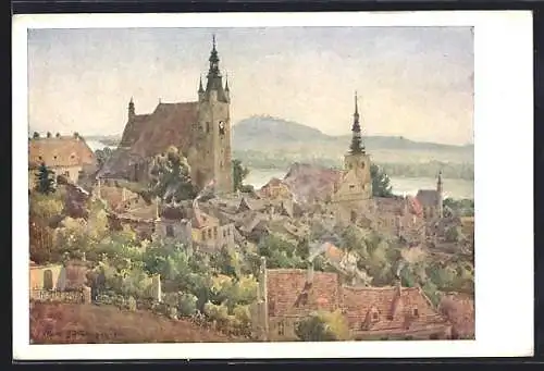 Künstler-AK Krems a.d. Donau, Blick auf die Kirche, Deutscher Schulverein