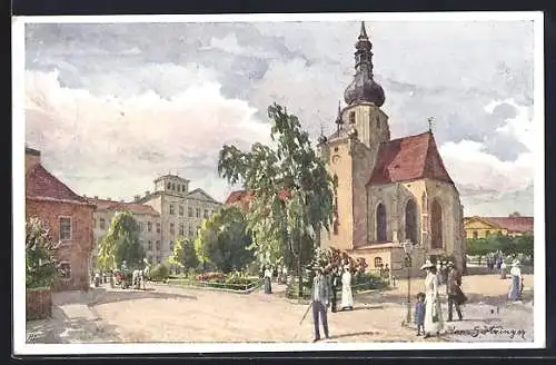 Künstler-AK Hans Götzinger: Baden, Partie am Pfarrplatz m. Kirche