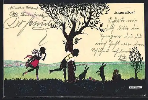 Künstler-AK Manni Grosze: Schattenbild, Junge Leute erblicken Osterhasen