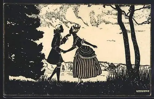 Künstler-AK Manni Grosze: Schattenbild, Paar in altertümlicher Kleidung am See