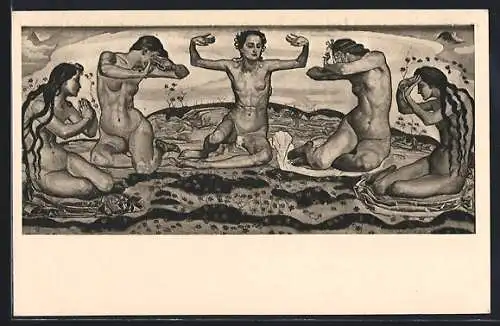 Künstler-AK Ferdinand Hodler: Der Tag, 1900, Nackte Frauen recken sich