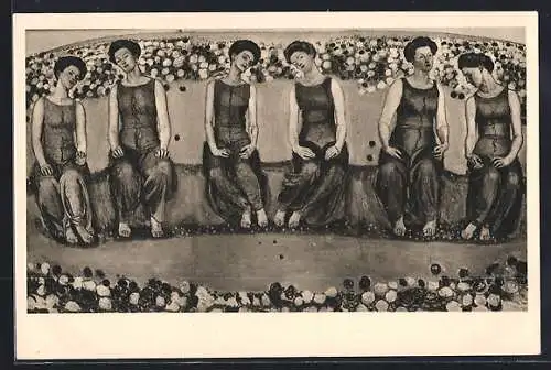 Künstler-AK Ferdinand Hodler: Heilige Stunde, junge Damen sitzen zwischen Blumen in einer Reihe