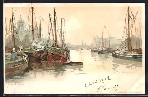 Künstler-Lithographie Henri Cassiers: Amsterdam, Hafenidyll
