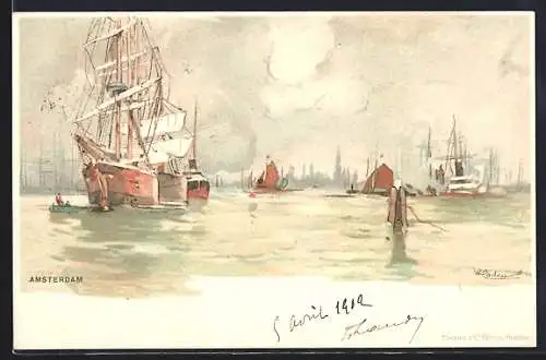 Künstler-Lithographie Henri Cassiers: Amsterdam, Hafenpanorama