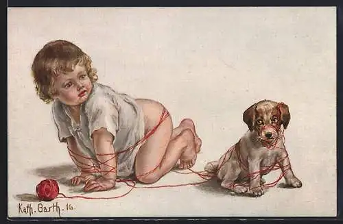 Künstler-AK K. Barth: Knaben und Hundewelpe spielen mit einem Wollknäuel