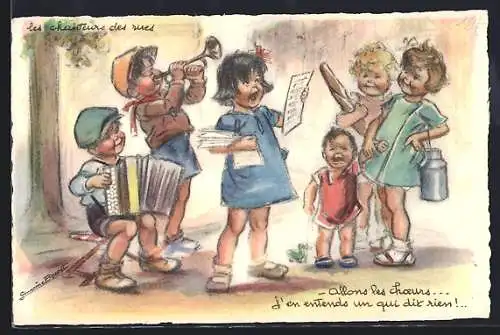Künstler-AK Germaine Bouret: Kinder musizieren auf der Strasse
