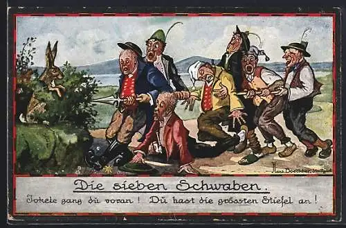 Künstler-AK Hans Boettcher: Märchen Die sieben Schwaben - Die Sieben treffen einen Hasen