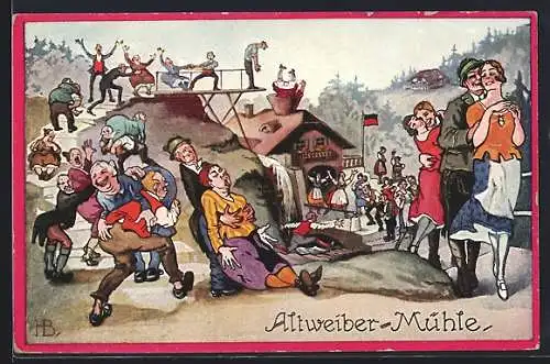 Künstler-AK Hans Boettcher: Paare an der Altweiber-Mühle, Märchen