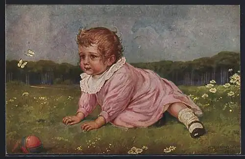Künstler-AK R. Borrmeister: Kleines Mädchen auf einer Blumenwiese