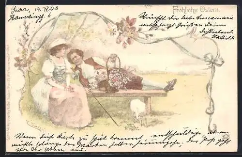 Künstler-AK E. Döcker: Liebespaar mit Blumenkorb an einer Bank, Ostergruss