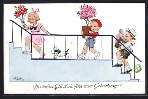 Künstler-AK Willi Scheuermann: Kleine Gratulanten kommen die Treppe herauf, Geburtstagsgruss