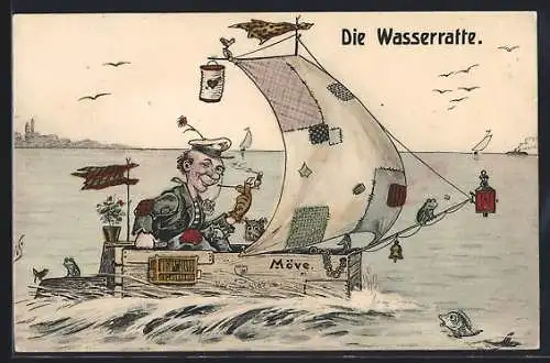 Künstler-AK Willi Scheuermann: Die Wasserratte, Landstreicher mit Kapitänsmütze im Segelboot