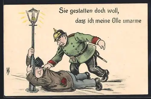 Künstler-AK Willi Scheuermann: Polizist und Betrunkener am Laternenpfahl