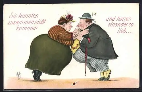 Künstler-AK Willi Scheuermann: Dickes Paar scheitert wegen Körperfülle an einer Umarmung