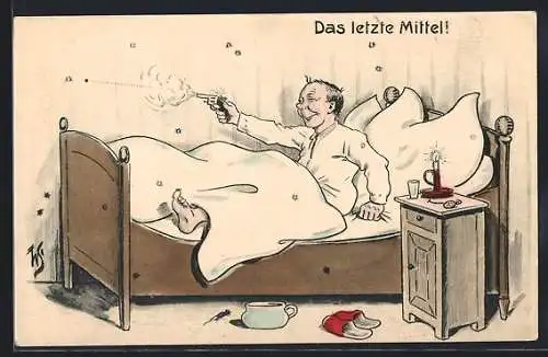 Künstler-AK Willi Scheuermann: Das letzte Mittel, Pistolenschuss vom Bett aus