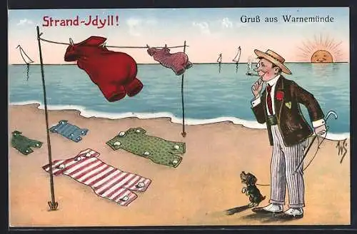 Künstler-AK Willi Scheuermann: Warnemünde, Strand-Idyll mit Wäscheleine, Spaziergänger mit Hund