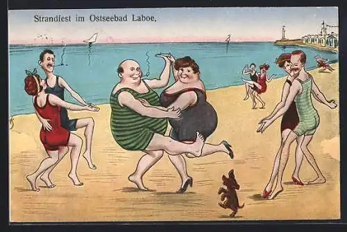 Künstler-AK Willi Scheuermann: Laboe, Strandfest, Tanzende Paare und tanzender Hund