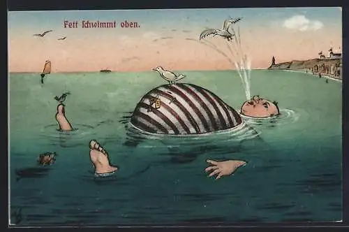 Künstler-AK Willi Scheuermann: Fett schwimmt oben, Badender im Meer