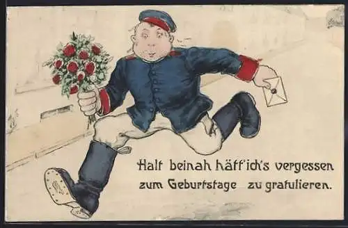 Künstler-AK Willi Scheuermann: Rennender Eilbote mit Blumen und Brief, Geburtstagsgruss