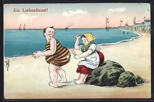 Künstler-AK Willi Scheuermann: Ein Liebesdienst, Mädchen flickt Badeanzug eines Schwimmers am Strand