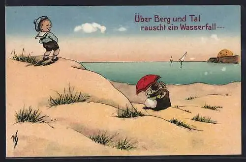 Künstler-AK Willi Scheuermann: Über Berg und Tal, Kleiner Stehpinkler und Liebespaar in den Dünen