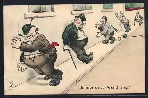 Künstler-AK Willi Scheuermann: Dicke, betrunkene Männer an einer Hauswand