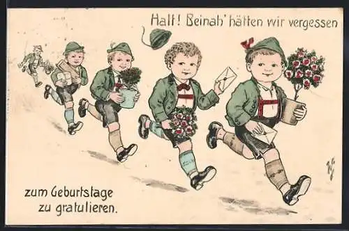 Künstler-AK Willi Scheuermann: Kleine Gratulanten auf dem Weg, Geburtstagsgruss
