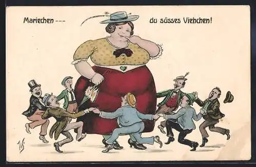 Künstler-AK Willi Scheuermann: Mariechen-du süsses Viehchen, Dicke mit Verehrern