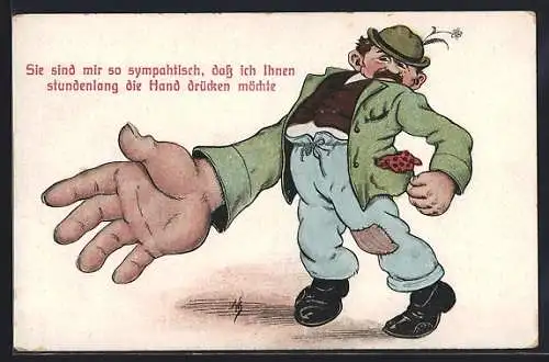 Künstler-AK Willi Scheuermann: Landstreicher mit übergrosser Hand