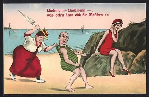 Künstler-AK Bansin, Lindemann was geh`n dich die Mädchen an, Bademode