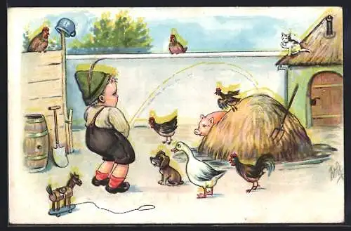 Künstler-AK Willi Scheuermann: Kleiner Stehpinkler mit staunenden Hühnern, Katze, Ente, Hund