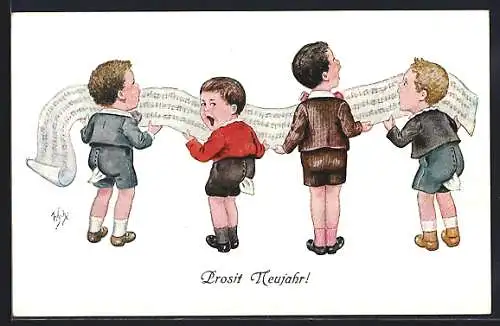 Künstler-AK Willi Scheuermann: Kleine Chorsänger mit Noten-Schriftrolle, Neujahrsgruss