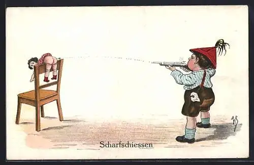 Künstler-AK Willi Scheuermann: Scharfschiessen, Knabe schiesst auf Puppengesäss