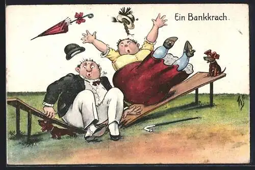 Künstler-AK Willi Scheuermann: Ein Bankkrach, Dickes Paar bringt Bank zum Zusammenbrechen