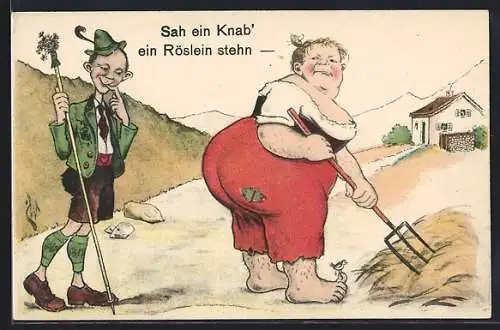 Künstler-AK Willi Scheuermann: Sah ein Knab ein Röslein stehen, die tumbe Bäuerin, Wanderer in Tracht