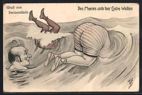 Künstler-AK Willi Scheuermann: Swinemünde, Des Meeres und der Liebe Wellen
