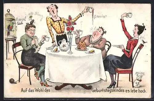 Künstler-AK Willi Scheuermann: Auf das Wohl des Geburtstagskindes..., Frauen am Kaffeetisch