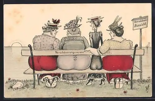 Künstler-AK Willi Scheuermann: Dicke und dürre Damen auf einer Bank des Verschönerungsvereins